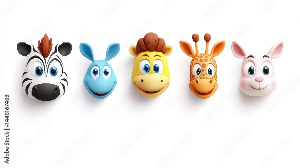 Naklejka premium Cartoon animals Zebra, donkey, horse, giraffe, rabbit lined up against a bright background, playful