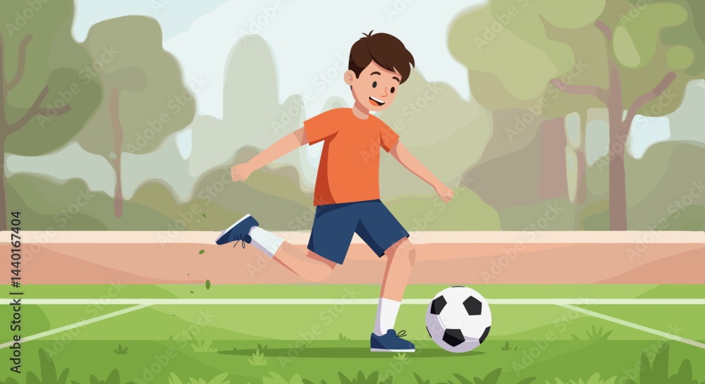 Fototapeta premium Young boy joyfully playing soccer on a green field