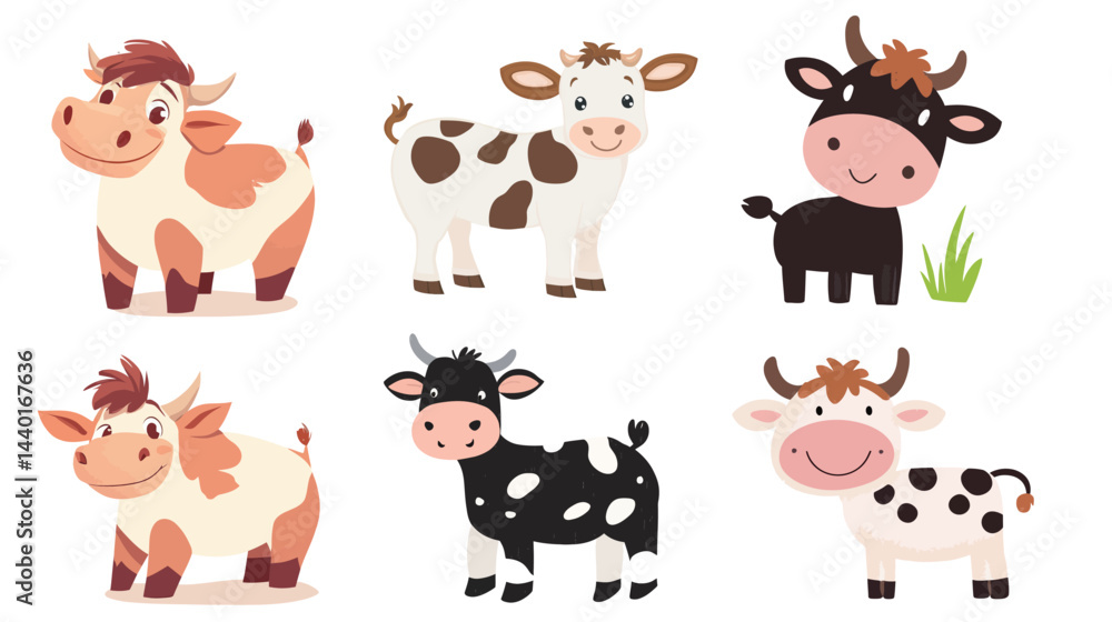 Obraz premium A set of illustrations depicting a family of cows on a farm, including various poses and activities in a peaceful rural setting. Perfect for agricultural, farm, and family-oriented themes.