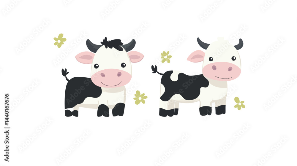 Naklejka premium A set of illustrations depicting a family of cows on a farm, including various poses and activities in a peaceful rural setting. Perfect for agricultural, farm, and family-oriented themes.