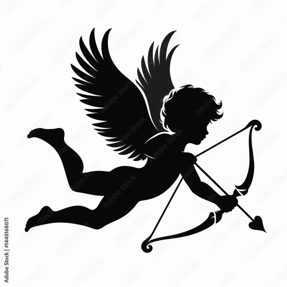 Fototapeta premium Cupid with Bow and Arrow Silhouette on White Background – Valentine’s Day Romantic Symbol Vector