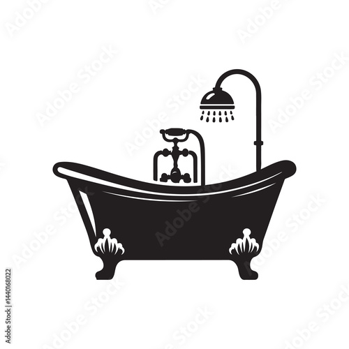 Bathtub Silhouette Vector Illustration, Solid White Background.