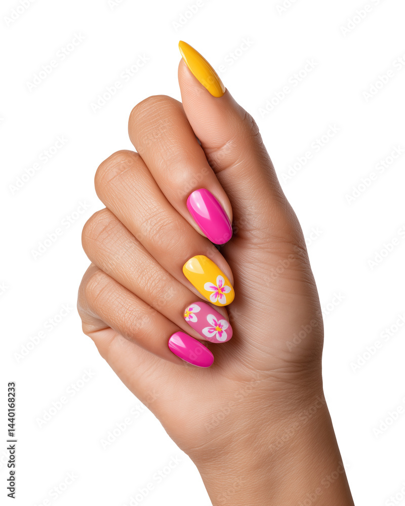 Close-up of woman’s hand with colorful nails and flower design isolated on white background Close-up of woman’s hand with colorful nails and flower design isolated on white background