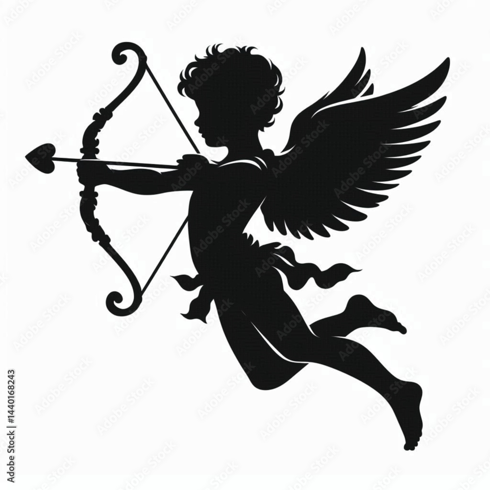 Fototapeta premium Cupid with Bow and Arrow Silhouette on White Background – Valentine’s Day Romantic Symbol Vector
