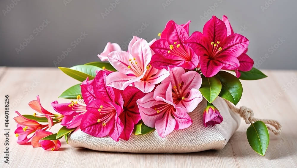 Colorful Rhododendron and Ruta Flowers on Fabric Pouch - Product Photography Colorful Rhododendron and Ruta Flowers on Fabric Pouch - Product Photography