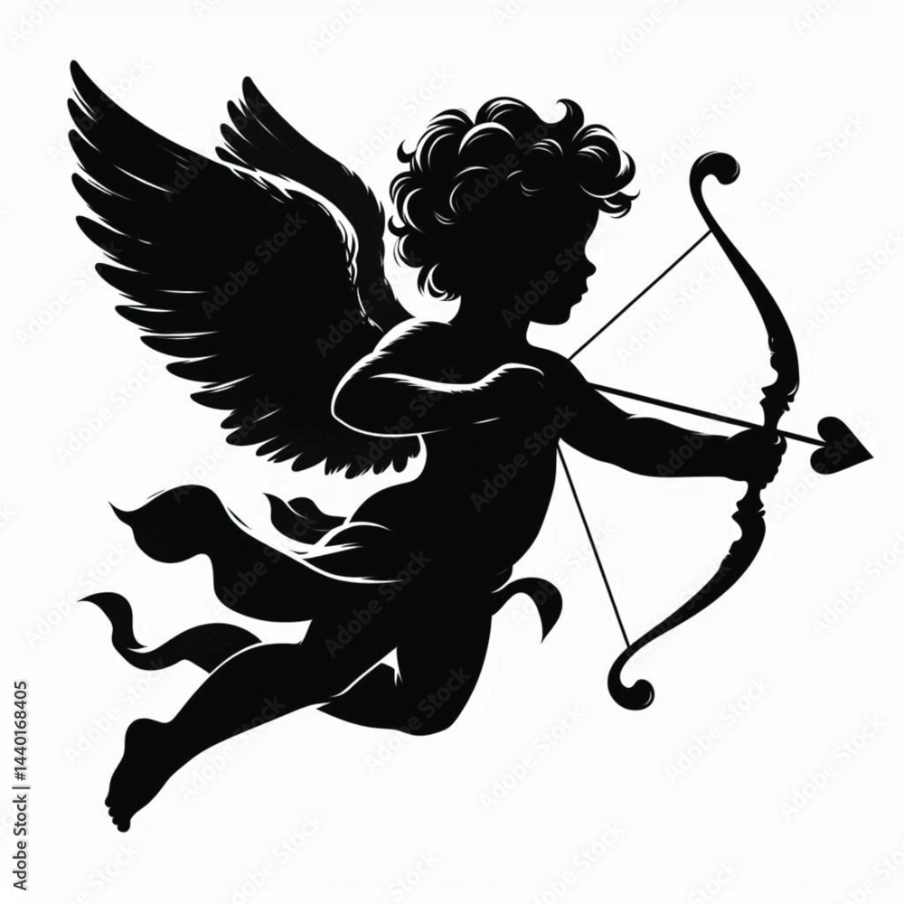 Fototapeta premium Cupid with Bow and Arrow Silhouette on White Background – Valentine’s Day Romantic Symbol Vector