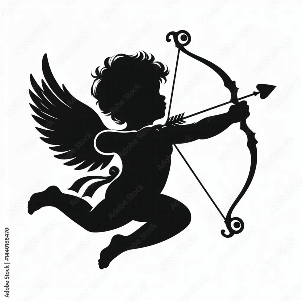 Fototapeta premium Cupid with Bow and Arrow Silhouette on White Background – Valentine’s Day Romantic Symbol Vector