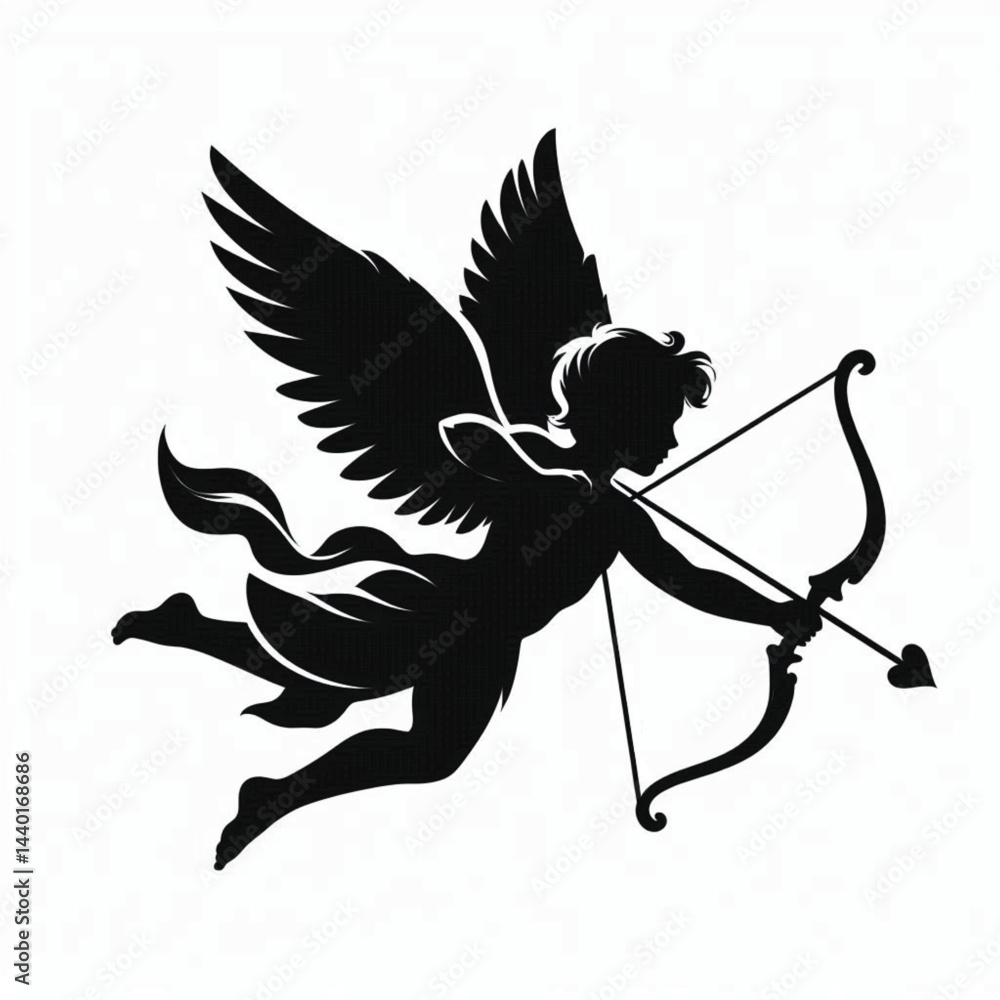 Fototapeta premium Cupid with Bow and Arrow Silhouette on White Background – Valentine’s Day Romantic Symbol Vector
