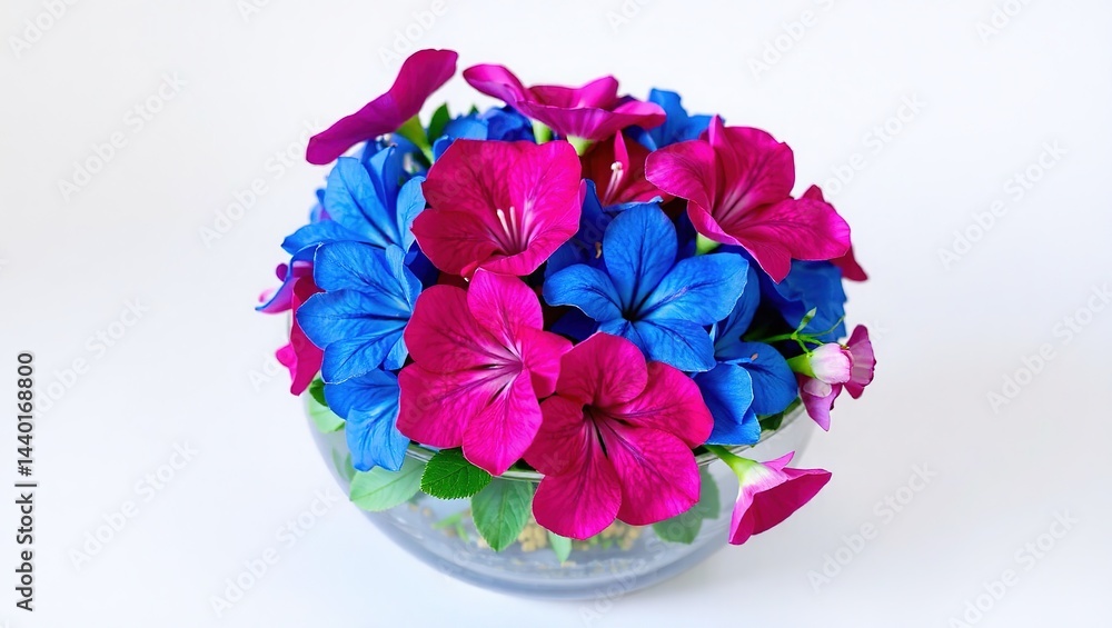 Blue and Magenta Flowers in Glass Bowl, Floral Arrangement, Copy Space