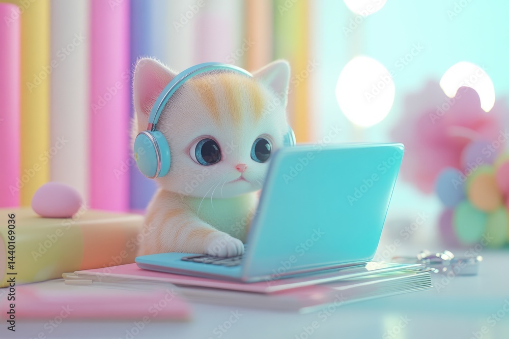Fototapeta premium Adorable kitten wearing headphones uses a teal laptop on a pastel desk.