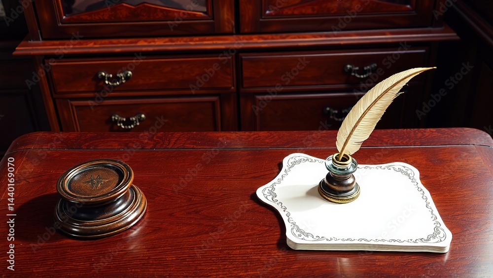 Antique Mahogany Desk with Quill Pen and Inkwell - Elegant Product Photography