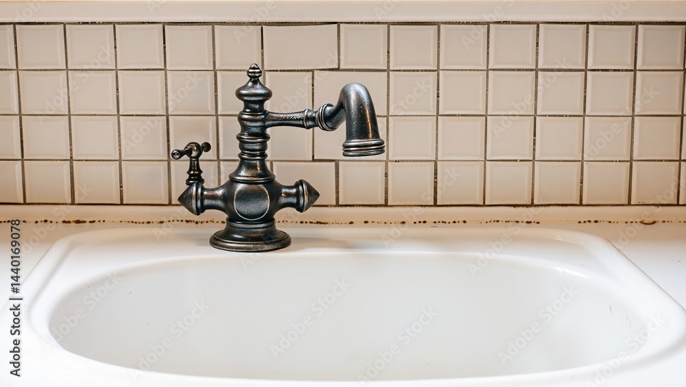 Antique Kitchen Sink with Ornate Faucet and Ceramic Tiles, Classic Design