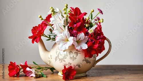 Antique Teapot Decorated with Red and White Flowers