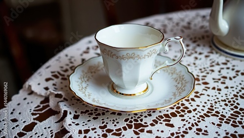Obraz na płótnie Antique Porcelain Teacup and Saucer on Delicate Lace, Product Photography w salonie