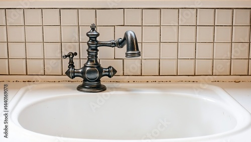 Obraz na płótnie Antique Kitchen Sink with Ornate Faucet and Ceramic Tiles, Classic Design w salonie