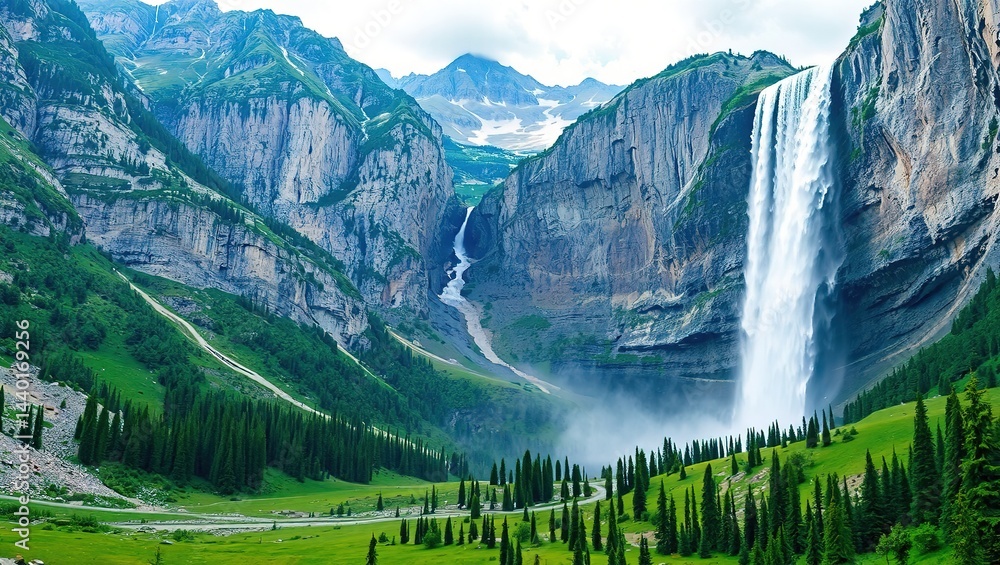 Alpine Majesty: Waterfall Cascading Through Valley