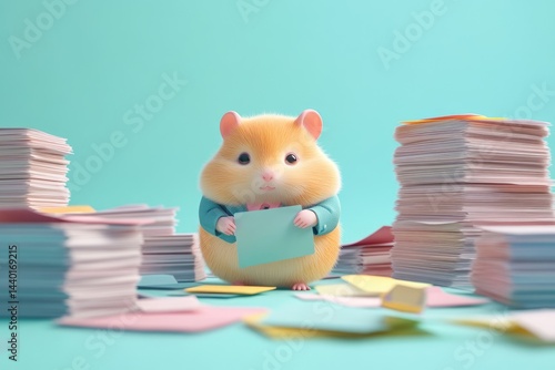 Cute hamster in a suit, surrounded by stacks of papers and sticky notes, diligently working.