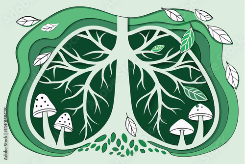 4 Paper art, lung anatomy, green leaves, mushrooms, tree roots, intricate paper cutting, 3D layered effect, botanical illustration, human organ, nature inspired, white and green color palette, delicat