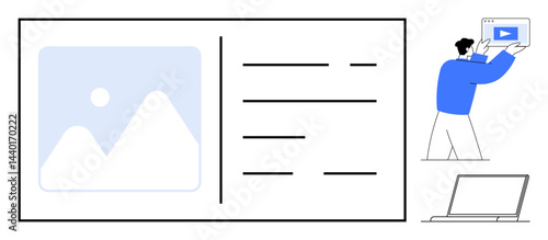 User interacting with multimedia, display showcases text, image, and video elements. Ideal for web design, user interface, digital marketing, education, content creation communication simple