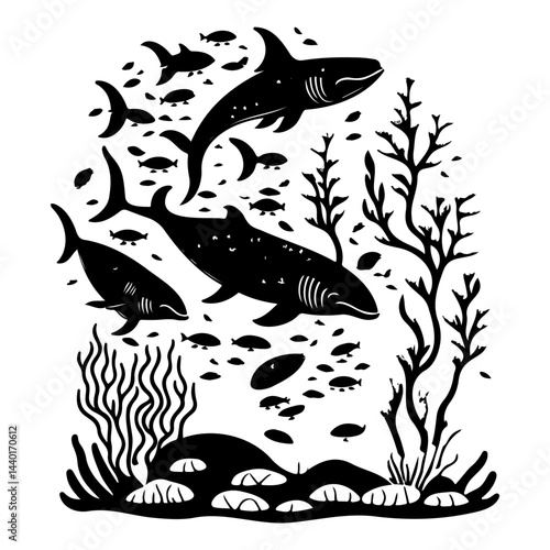 Monochrome aquatic life representation featuring sharks and marine vegetation