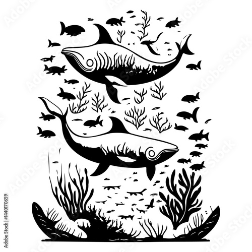Monochrome underwater scene depicting marine life, flora and aquatic environment
