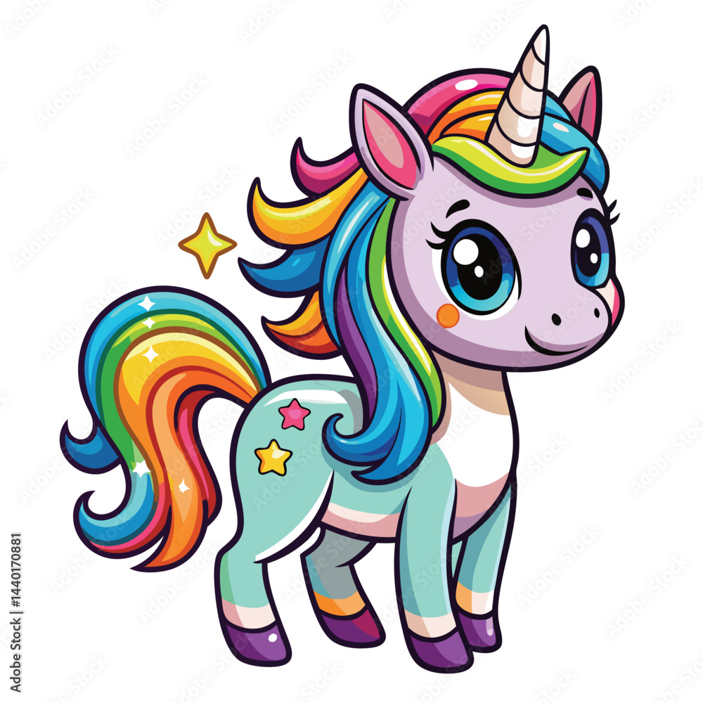 Cute Unicorn Cartoon vector with rainbow mane and tail. Beautiful Unicorn Cartoon Vector on Background. Cute Unicorn Cartoon vector with rainbow mane and tail. Beautiful Unicorn Cartoon Vector on Background.