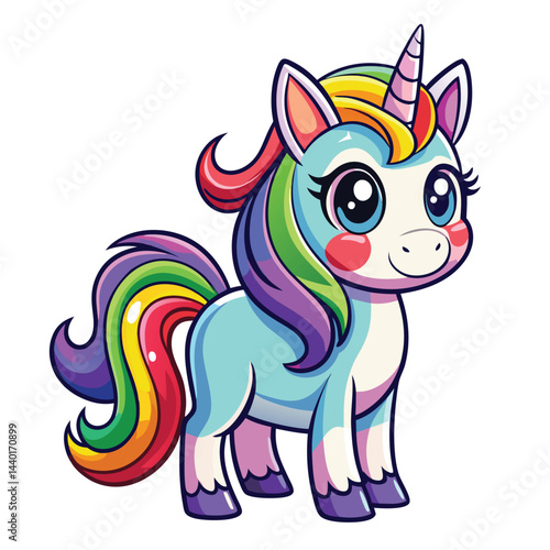 Cute Unicorn Cartoon vector with rainbow mane and tail. Beautiful Unicorn Cartoon Vector on Background.