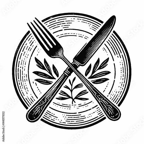 Classic Knife and Fork on Decorative Plate with Leaf Design in Vintage Woodcut Style with copy space