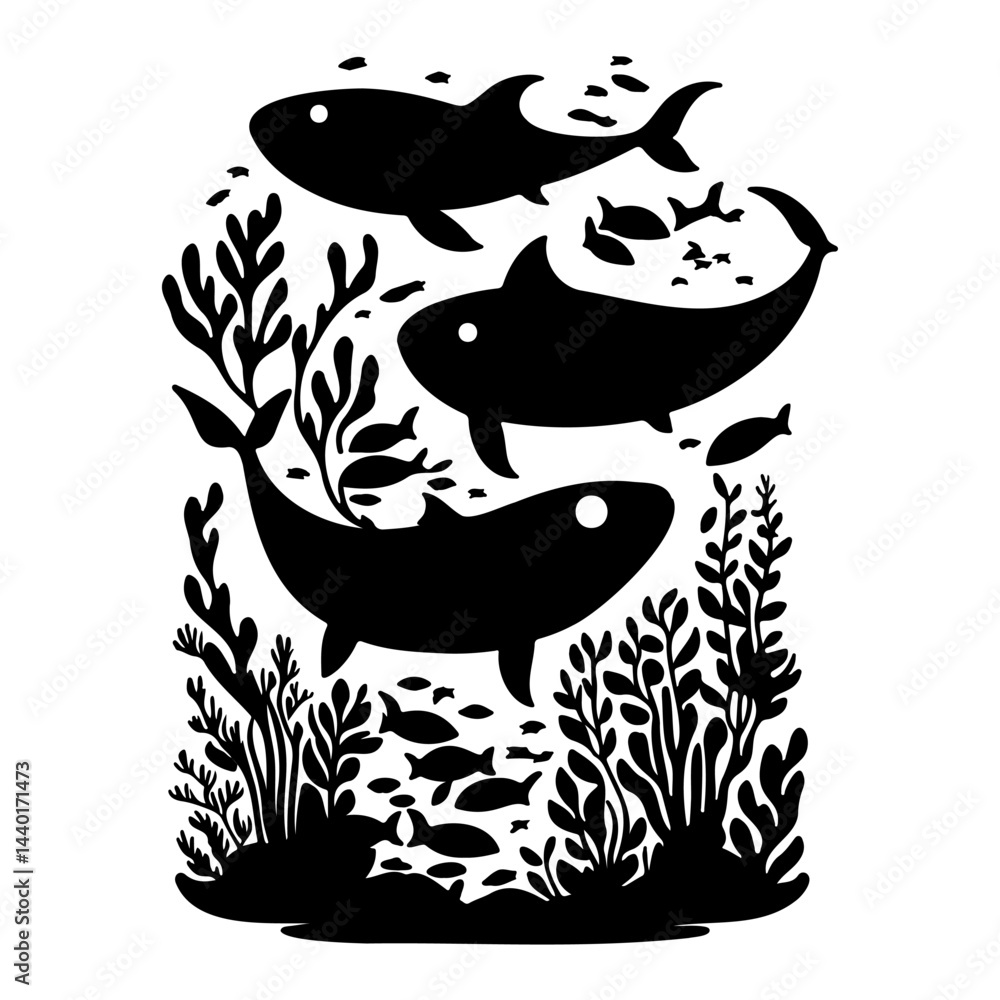 Wall Mural Stylized marine life assemblage featuring swimming fish amongst aquatic flora si