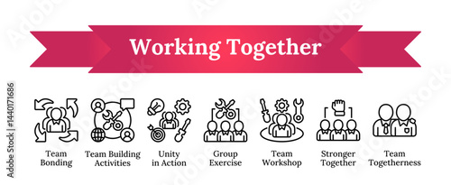 Working Together vector icon sheet collection outline, containing team bonding, activities, unity in action, exercise, workshop, stronger together, and team togetherness
