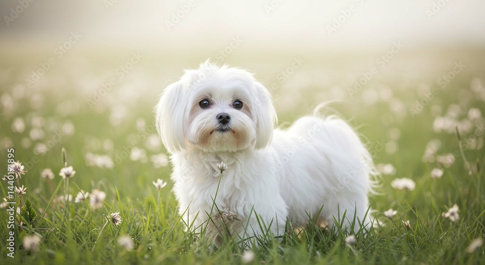Adorable Maltese Dog in a Spring Meadow Fluffy White Pet in Green Grass with Flowers Adorable Maltese Dog in a Spring Meadow Fluffy White Pet in Green Grass with Flowers