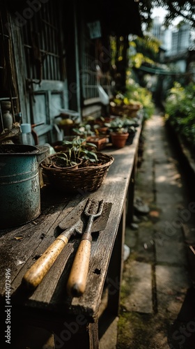 Wallpaper Mural Plants and tools on a weathered wooden bench Torontodigital.ca