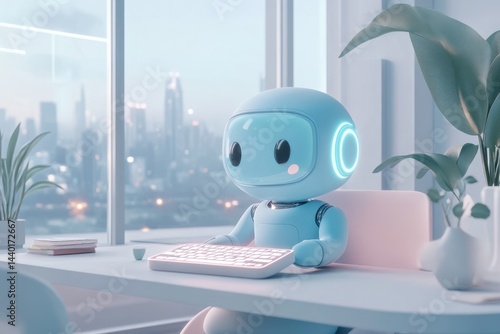 A cute robot sits at a desk in a modern office, working on a keyboard with a city view.