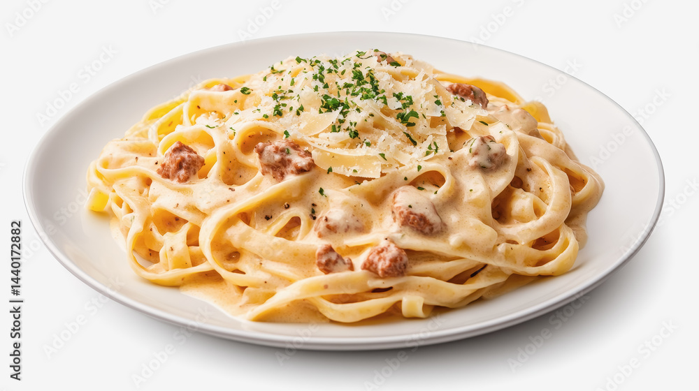 Creamy high-angle shot of a plate of delicious pasta alfredo topped with parmesan and garnished with herbs Creamy high-angle shot of a plate of delicious pasta alfredo topped with parmesan and garnished with herbs