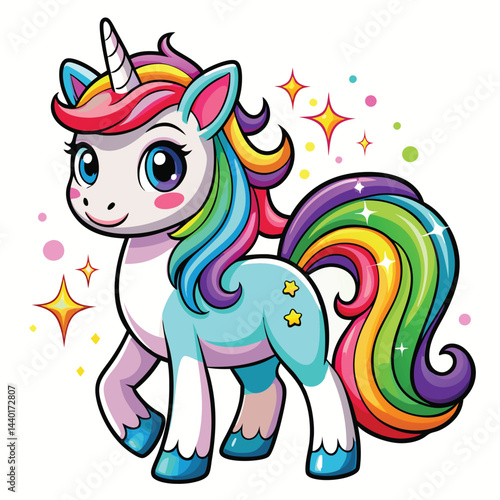 Cute Unicorn Cartoon vector with rainbow mane and tail. Beautiful Unicorn Cartoon Vector on Background.