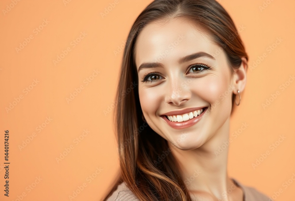 Natural light portrait of a smiling female on a warm pastel background Natural light portrait of a smiling female on a warm pastel background