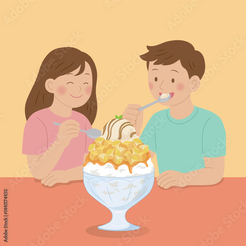Illustration of people eating mango bingsu (mango shaved ice) in summer