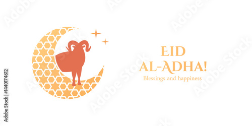 Colorful Eid al-Adha greeting card with mosque silhouettes, crescent moon, stars, animals, and abstract waves. Muslim holiday celebration with blessings and happiness wishes.