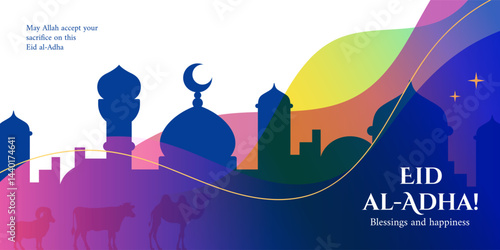 Colorful Eid al-Adha greeting card with mosque silhouettes, crescent moon, stars, animals, and abstract waves. Muslim holiday celebration with blessings and happiness wishes.
