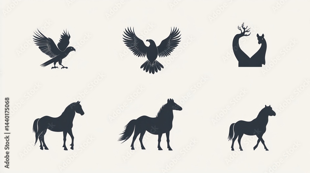 Obraz premium Animals set Eagle, deer, horse silhouettes for logo, emblem or graphic design