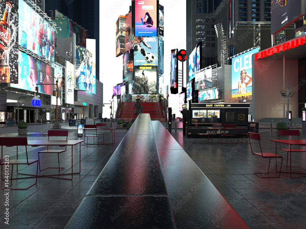 Obraz premium 3d rendered backdrops from a fictional New York city's shopping center by night isolated on transparent background