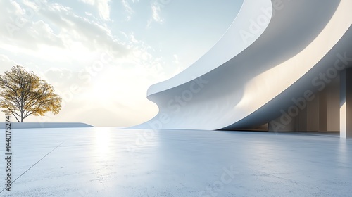 3d render of abstract modern curve architecture with empty cement floor, minimal exterior, car presentation background