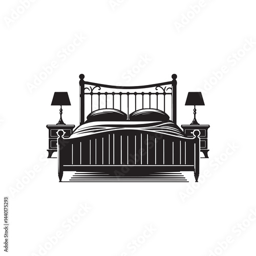 Bed Silhouette Vector Illustration, Solid White Background.