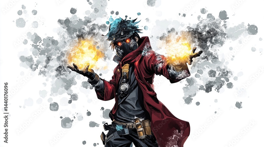 Fototapeta premium Fiery anime character with glowing hands.