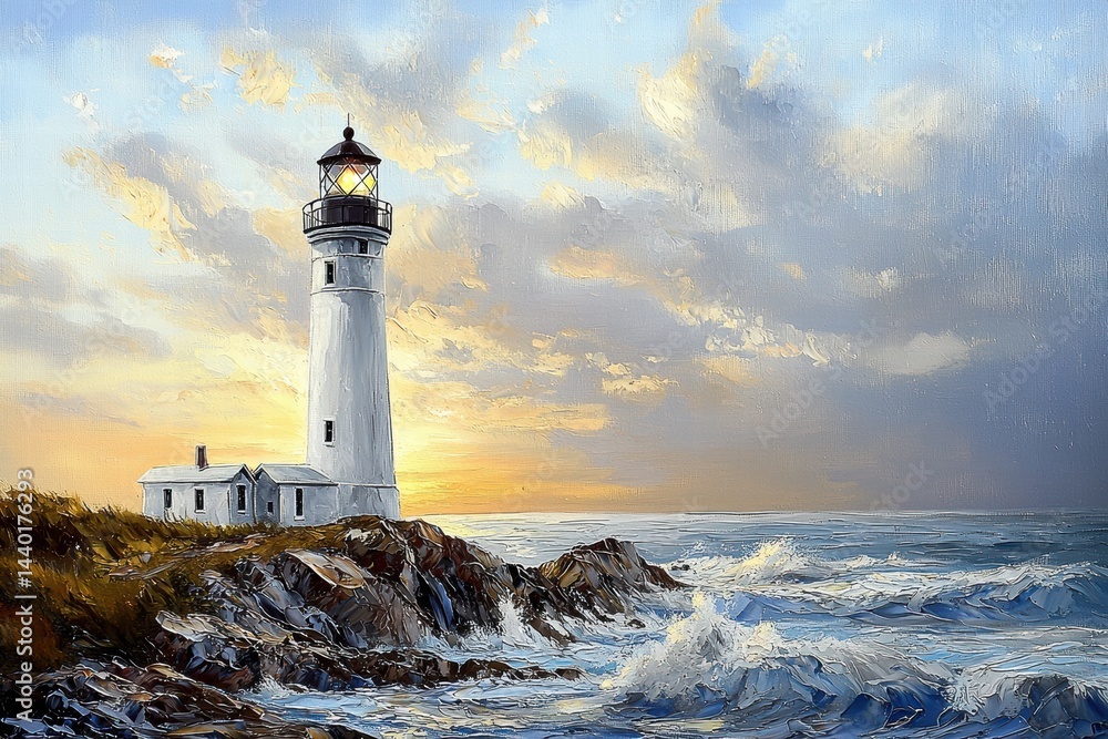Naklejka premium White Lighthouse on Rocky Shore at Sunset, Impasto Oil Painting with Ocean Waves and Vibrant Sky