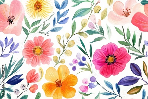 Wallpaper Mural Watercolor floral pattern with colorful flowers and leaves on a white background art design Torontodigital.ca