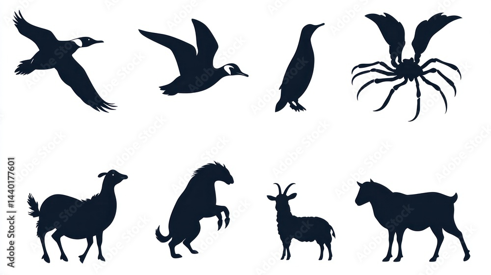 Obraz premium Wildlife Silhouettes Birds flying and animals standing against a white backdrop, for graphic design