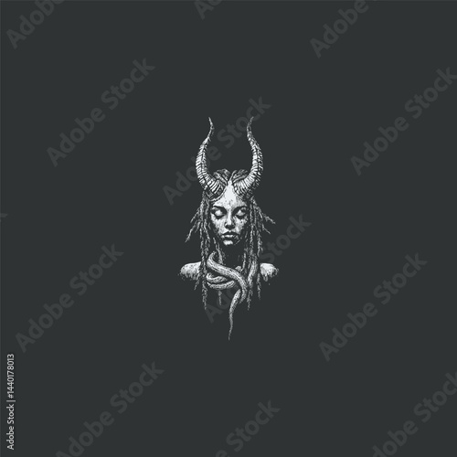 horned female demon with snakes coiled around her body design vector template illustration