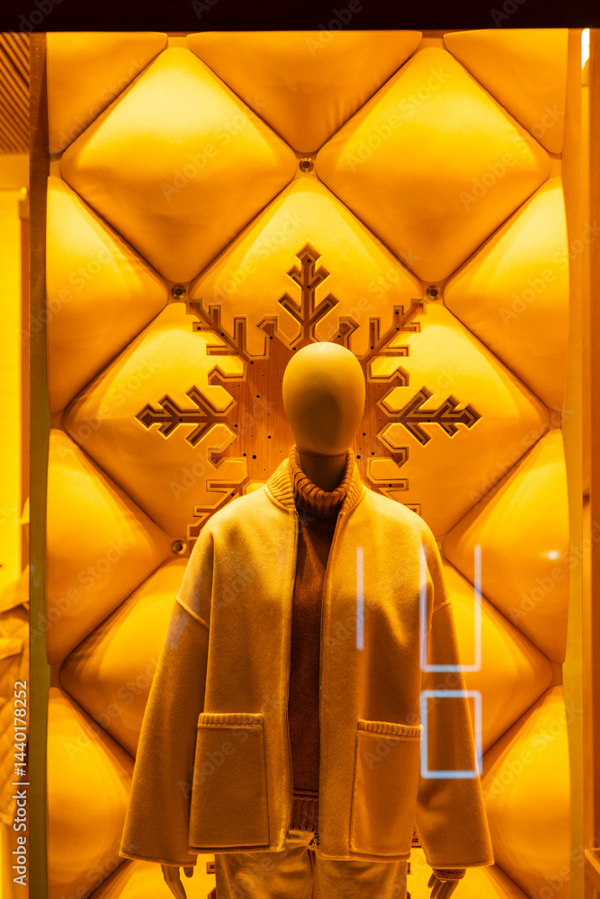 Winter clothing displayed on mannequin in a store window with a yellow background and a wooden snowflake