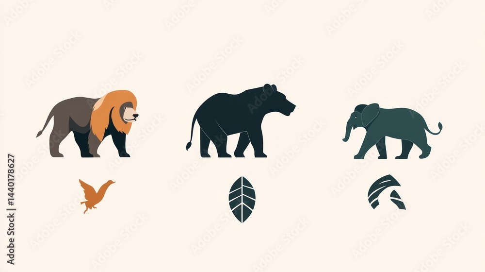 Naklejka premium Lion, rhino, elephant animal icons for wildlife and nature conservation or logo use